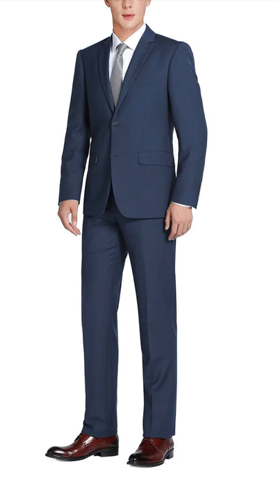 RENOIR Navy blue men's 2 piece slim fit suit single breasted notch lapel suit