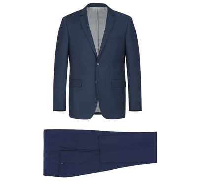 RENOIR Navy blue men's 2 piece slim fit suit single breasted notch lapel suit