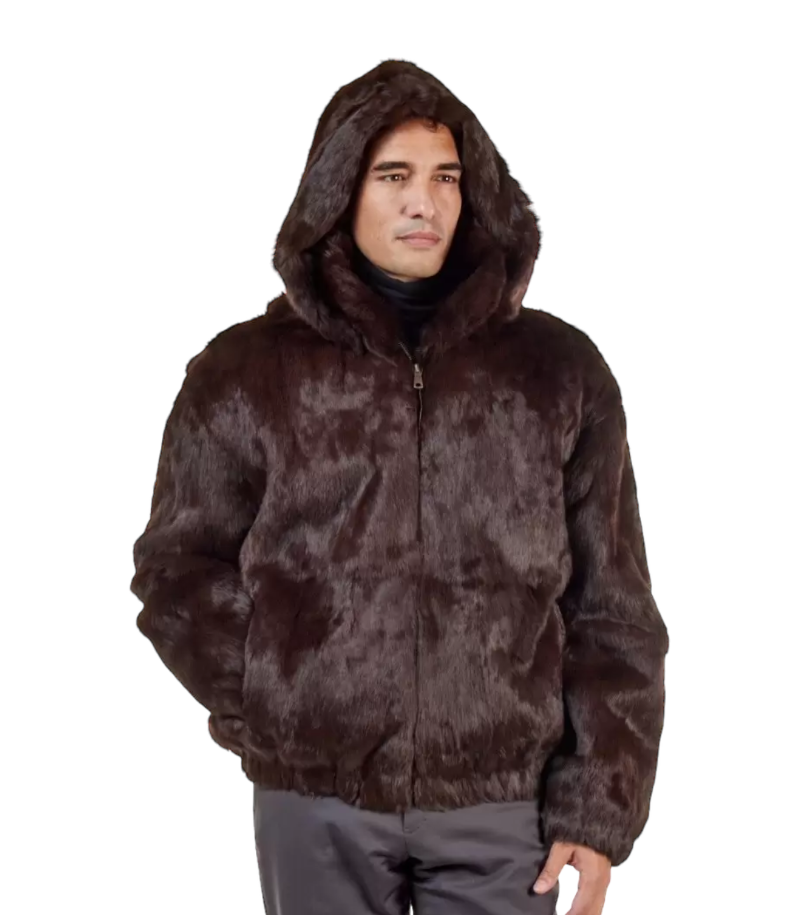Rabbit Fur Coat Hooded Bomber Jacket Brown For Men&