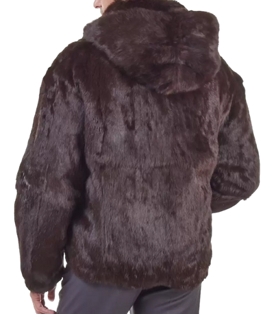 Rabbit Fur Coat Hooded Bomber Jacket Brown For Men's