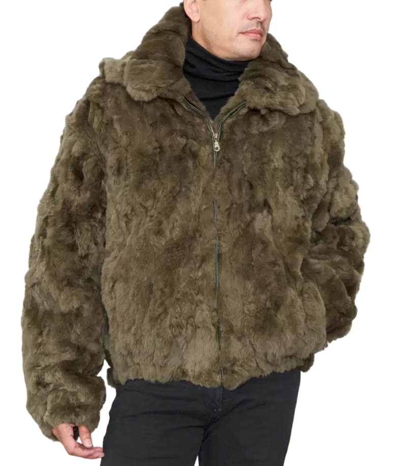 Rabbit Fur Hooded Bomber Jacket Olive For Men&