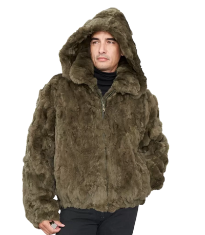 Rabbit Fur Hooded Bomber Jacket Olive For Men's