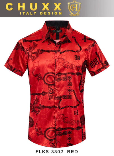 Red Men's Graphic Design Short Sleeves Shiny Shirt Satin Material