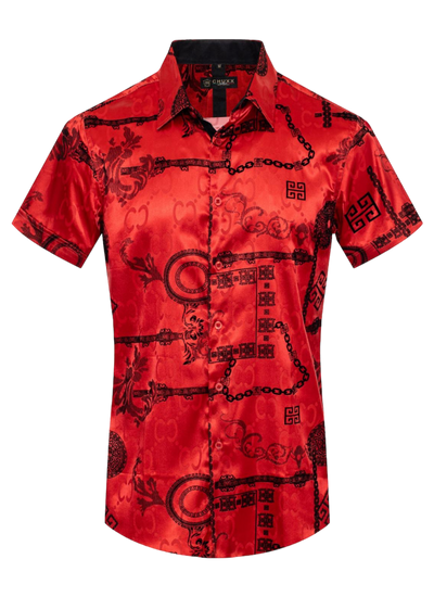 Red Men's Graphic Design Short Sleeves Shiny Shirt Satin Material