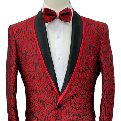 Red Men's Paisley Blazer Luxury Design Shall Lapel Slim-Fit with Bowtie