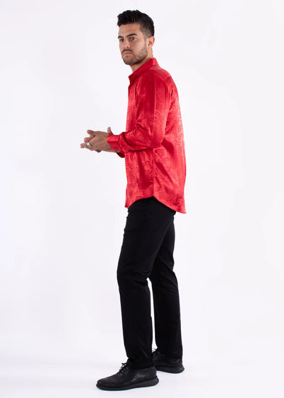 Red Men's Shinny Satin Material Greek Key Long Sleeve Dress Shirt Style No-232272