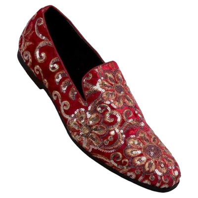 Red and Gold Sequin Loafers Luxury Design Men's Slip-on Dress Shoes