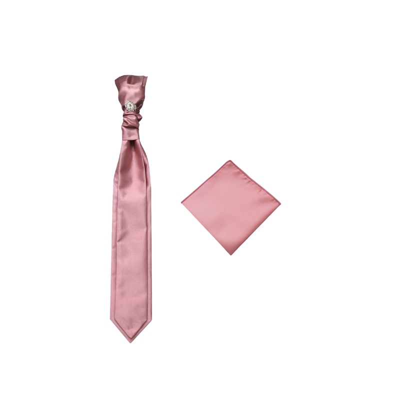 Dusty Pink Necktie Cravat with Sliver Diamonds Ring and Handkerchief Set