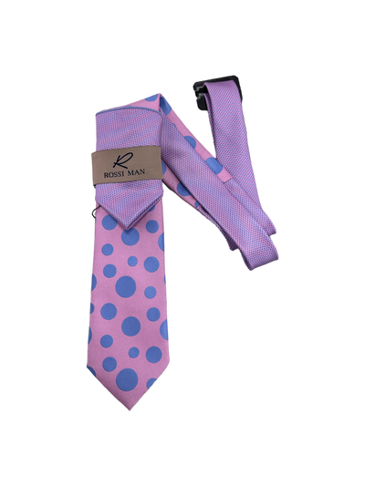 Rossi Man Pink-Blue Dots Print Ties and Hanky Set