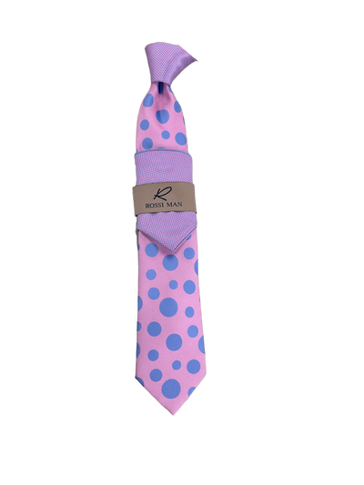 Rossi Man Pink-Blue Dots Print Ties and Hanky Set