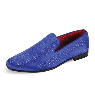 Royal Blue Men's Satin Material Slip-On Loafer Shoes Stones Design