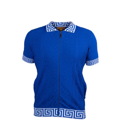 Royal Blue Prestige Polo Shirt Full Zipper Greek Key Luxury Style-220