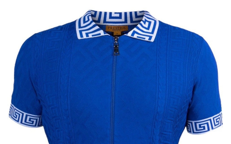 Royal Blue Prestige Polo Shirt Full Zipper Greek Key Luxury Style-220