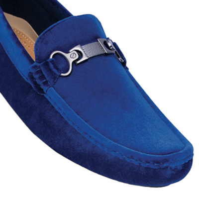 Royal Blue Suede Men's Loafer with Sliver Buckle Style MOC-69 Blue