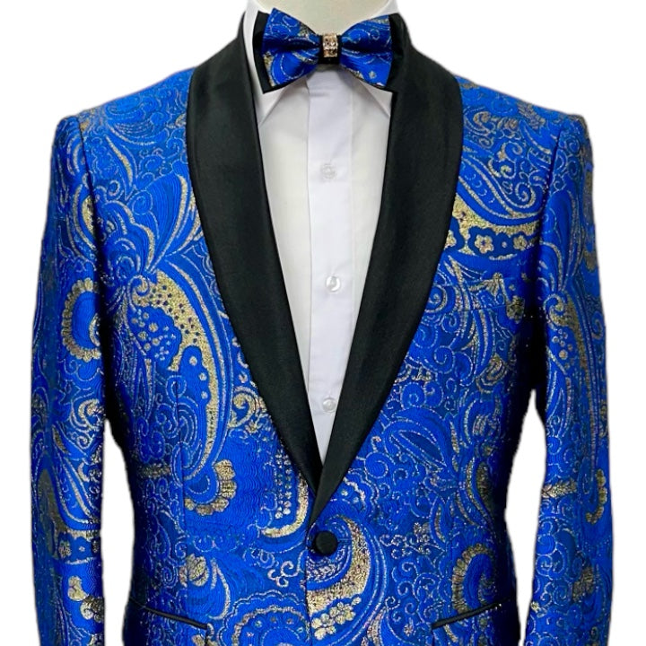 Royal Blue and Gold Paisley Prom Blazer Shall Lapel Slim-Fit with Bowtie