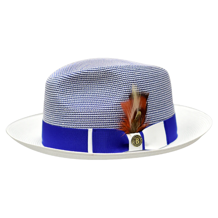 Royal Blue and White Georgio Collection 2-Tone Straw Fedora Hat by Bruno Capelo