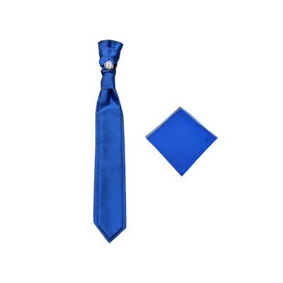 Royal Blue Pre-Tied Necktie Cravat with Sliver Diamonds Ring and Handkerchief Set