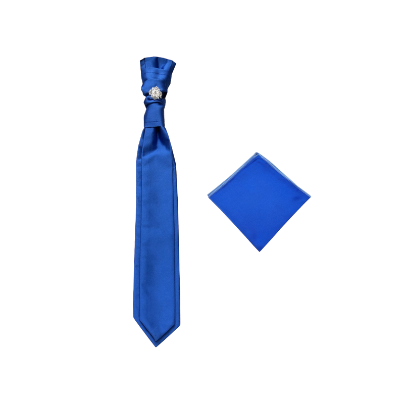 Royal Blue Pre-Tied Necktie Cravat with Sliver Diamonds Ring and Handkerchief Set