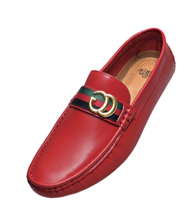 Royal shoes men's red loafer slip-on driver red and green strip with gold buckle