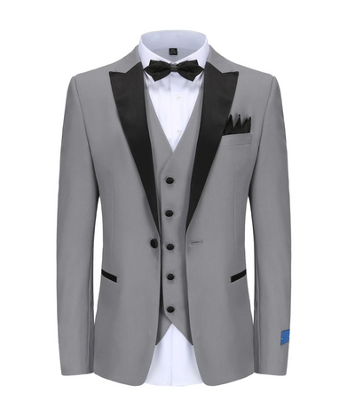 Gray Men's Tuxedo Slim-Fit Black Satin Peak Lapel TX-500
