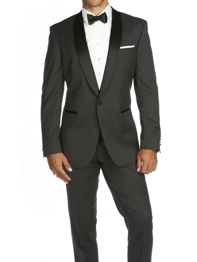 Charcoal Grey Men's Slim-Fit Tuxedo Single Breasted Black Shawl Lapel Style-PTX02