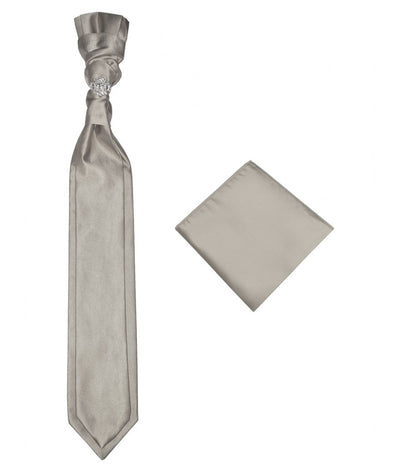 Sliver Grey Necktie Cravat with Sliver Diamonds Ring and Handkerchief Set