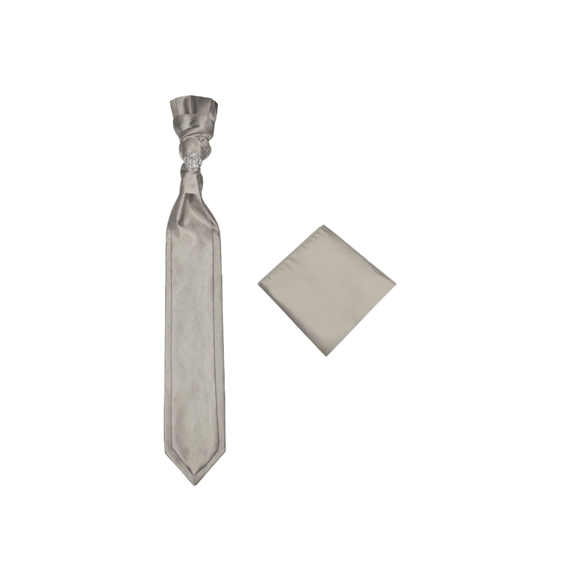 Sliver Grey Necktie Cravat with Sliver Diamonds Ring and Handkerchief Set