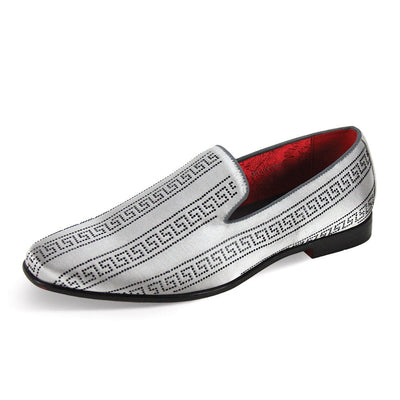Sliver Satin Material Men's Slip-On Loafer Shoes Greek Key Stones Print