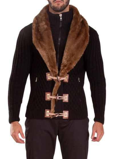 Men's Black Zip-Up Sweater with Fur Collar Zipper Pockets