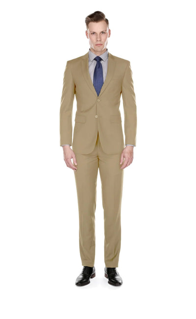 Tan Men's Slim-Fit Suit Single Breast Notch Lapel Flat Front Pants Style-PYS02