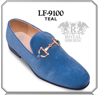 Teal Men's Velvet Shoes Fashion Design Loafer with Gold Buckle Style No-9100