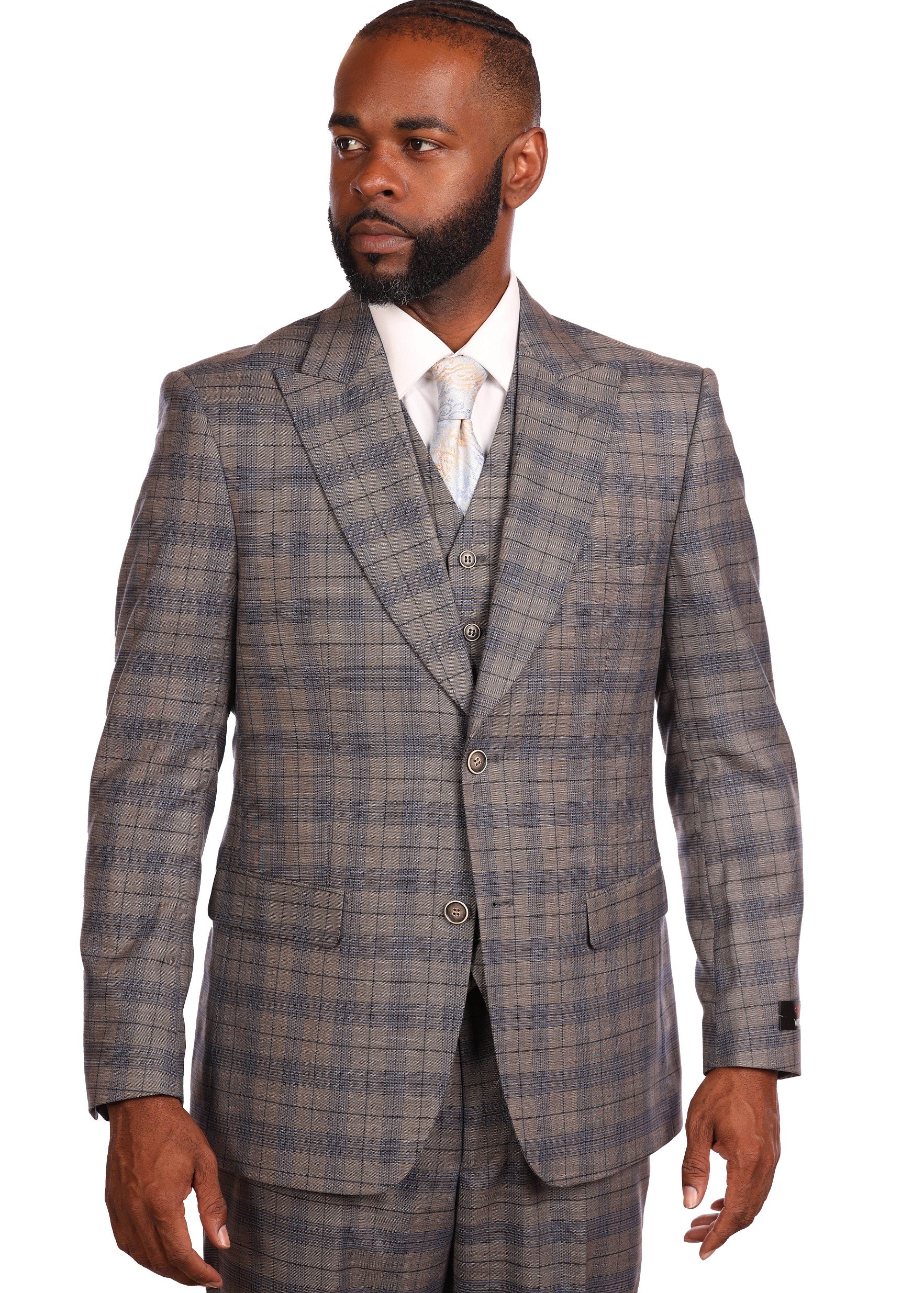 VITALI BEIGE-BLUE PLAID 3 PIECES MEN'S SUIT MODERN-FIT PEAK LAPEL