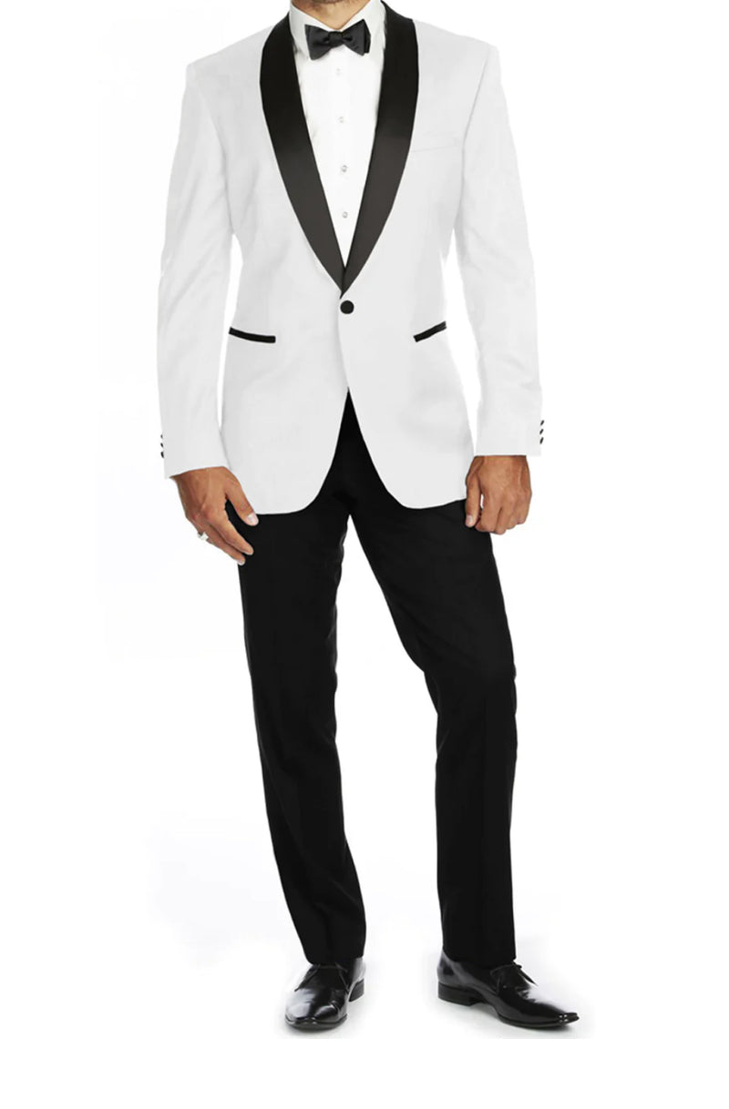 White Black Slim-Fit Tuxedo Single Breasted Black Shawl Lapel Style-PTX02