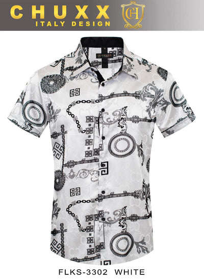 White Men's Graphic Design Short Sleeves Shiny Shirt Satin Material