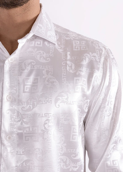 White Men's Greek Key Long Sleeve Satin Dress Shirt Shine Style No-232272
