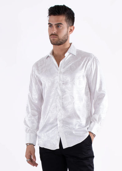 White Men's Greek Key Long Sleeve Satin Dress Shirt Shine Style No-232272