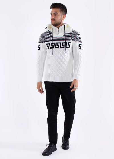 White Men's Knitted Greek Key Turtleneck Pullover Sweater