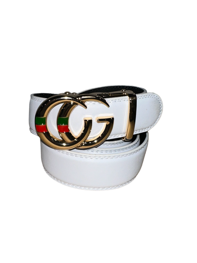 White Men's Leather Belt G Gold Buckle Belt Luxury Style Red and Green Strip