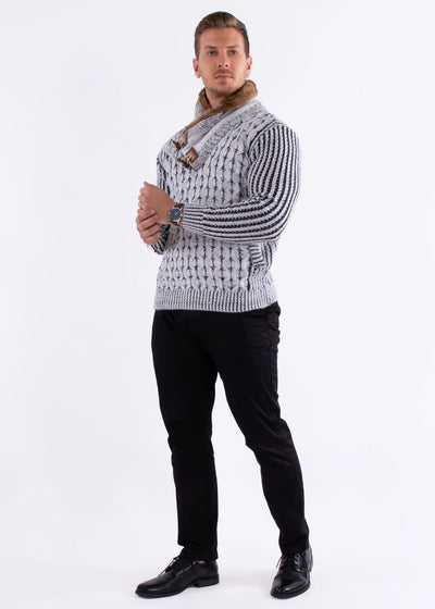 White Men's Pullover Sweater Shawl Fur Collar Side Pockets