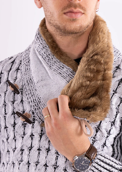 White Men's Pullover Sweater Shawl Fur Collar Side Pockets