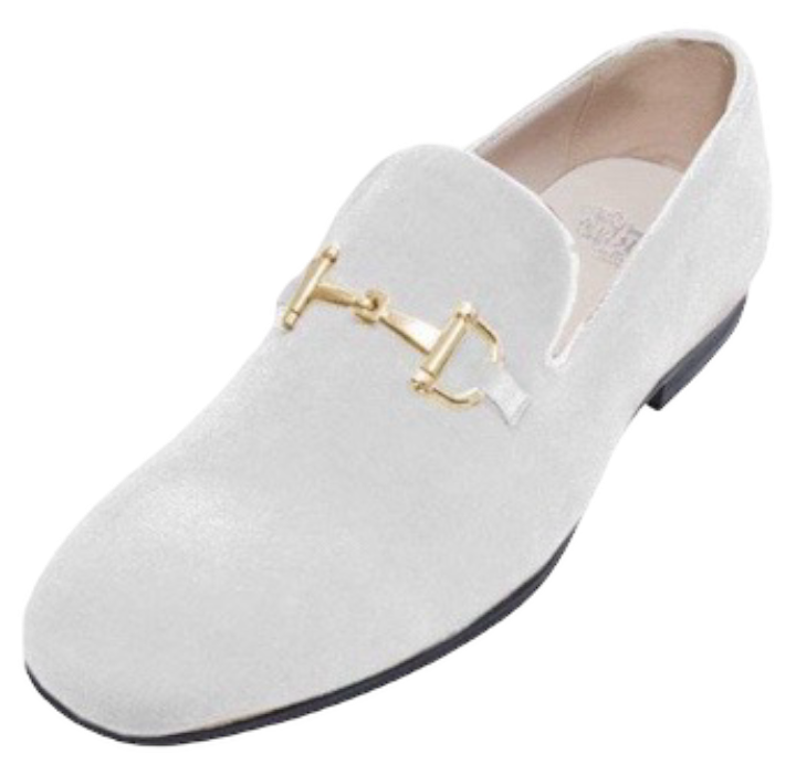 White Velvet Men's Dress Loafer Slip-On with Gold Buckle Made By Royal   DESIGN MENSWEAR