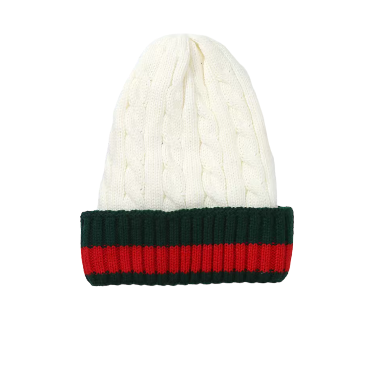 White Men's Winter knitted hat with green and red Striped Wool Beanie