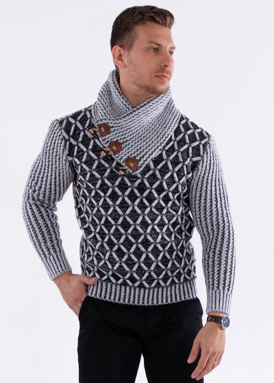 White and Grey Men's Sweater Shawl Collar and Faux Leather Buttons