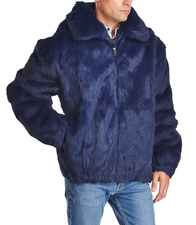 Men's Navy Blue bomber jacket Rabbit fur Detachable Hooded