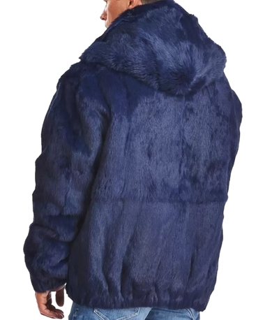 Men's Navy Blue bomber jacket Rabbit fur Detachable Hooded