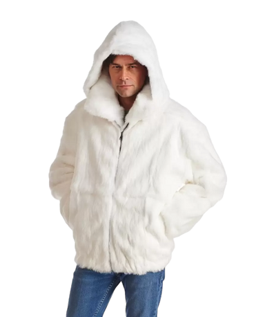 White Men's bomber jacket Fur Coat genuine Rabbit Fur Detachable Hoodie