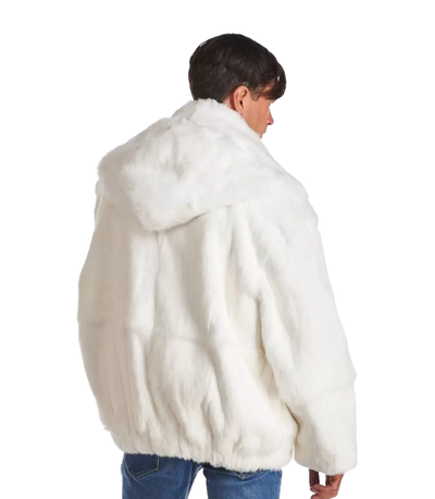 White Men's bomber jacket Fur Coat genuine Rabbit Fur Detachable Hoodie