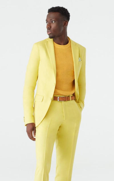Yellow men's slim fit suit one button notch lapel flat front pants stretch fabric
