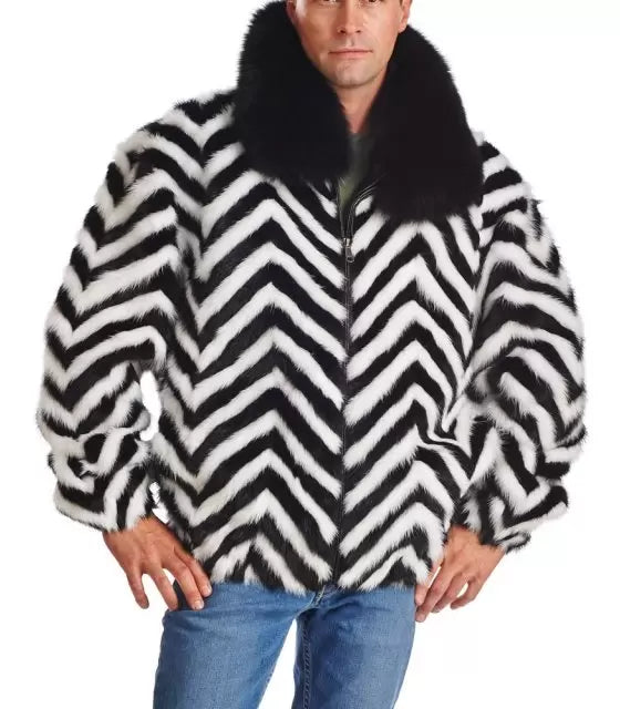Black and White Zebra V-Cut Mink Fur Bomber Jacket for Men