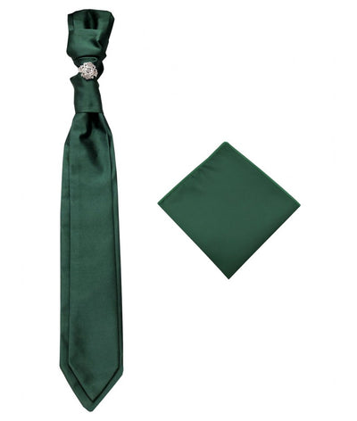 Hunter Green Necktie Cravat with Sliver Diamonds Ring and Handkerchief Set